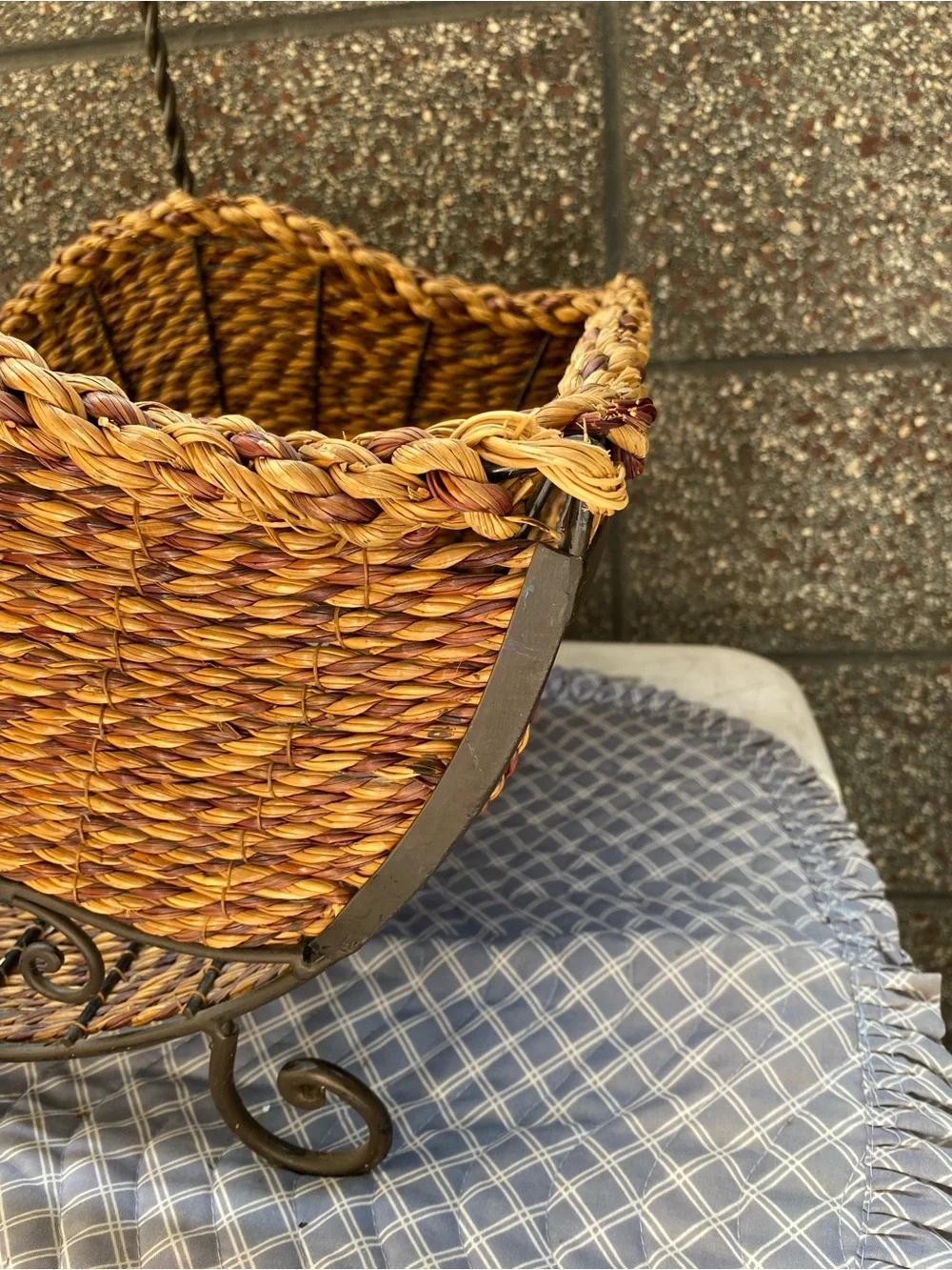 American Vintage Woven Natural Brown Basket with Twisted Iron Handle